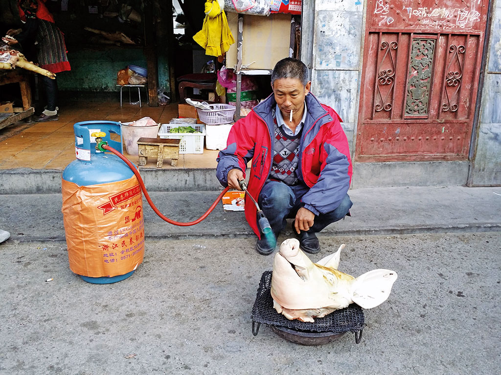 Borsten abflammen am Straßenrand - Motorrad-Gruppenreise Yunann, China