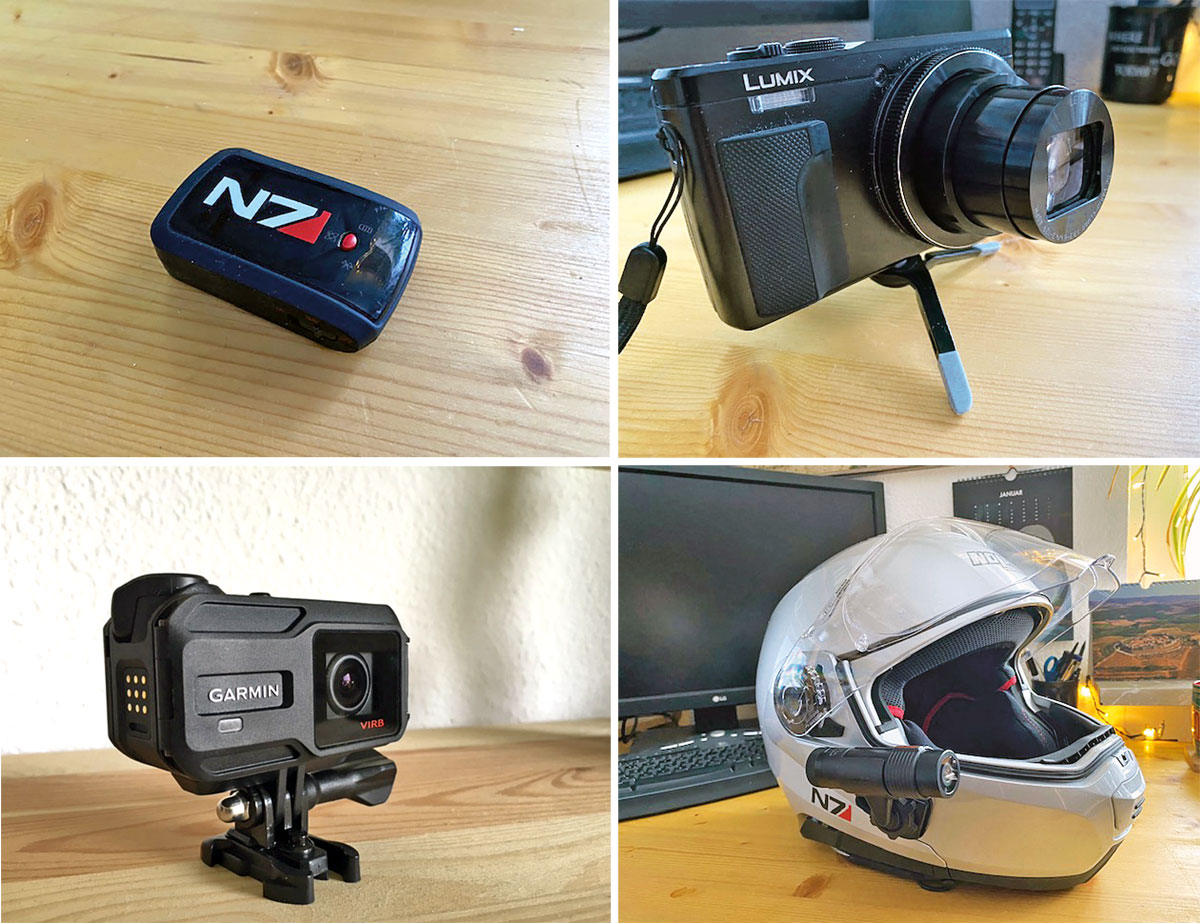 GPS-Recorder, Lumix Travelzoom mit Ministativ, Garmin VIRB XE, PRISM-Tube-Kamera am Helm - Ausrüstung silencer137