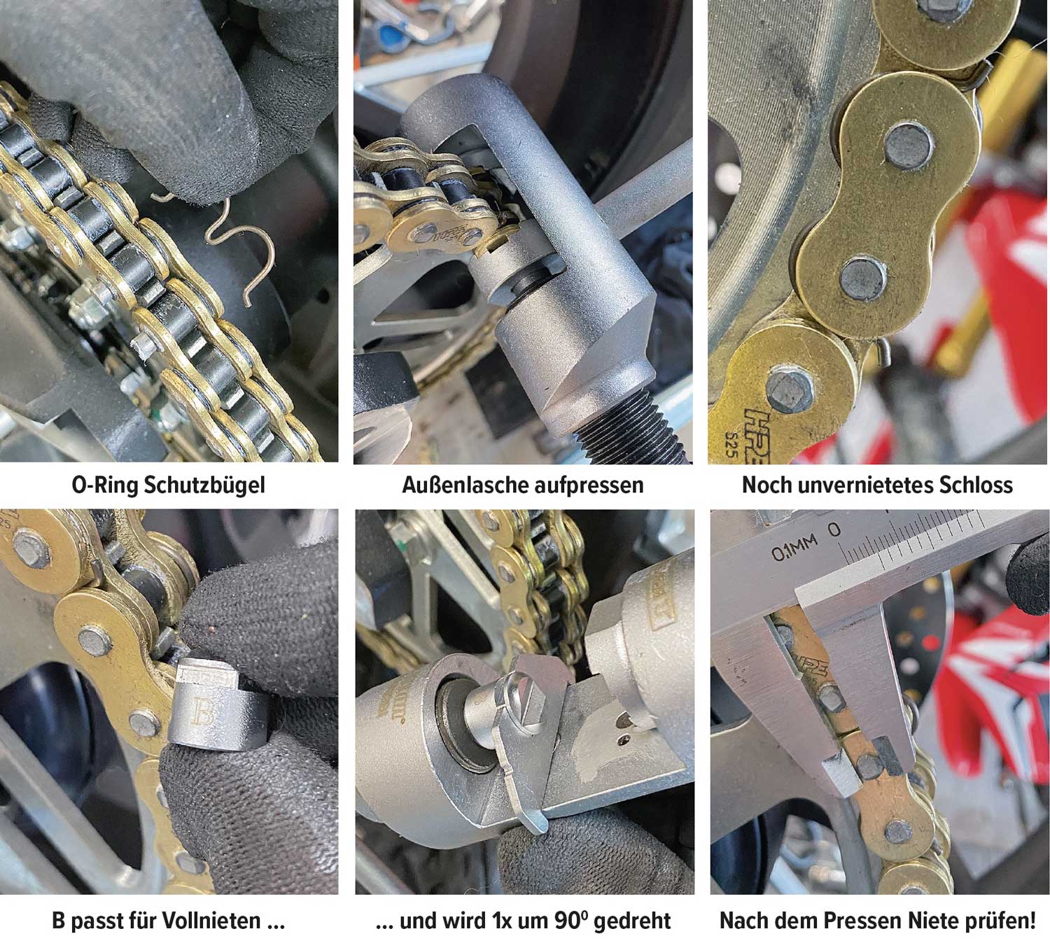 Weitere Arbeitsschritte beim Kettenwechsel mit dem Louis Kettentrenn- und Vernietwerkzeug Weitere Arbeitsschritte beim Kettenwechsel mit dem Louis Kettentrenn- und Vernietwerkzeug