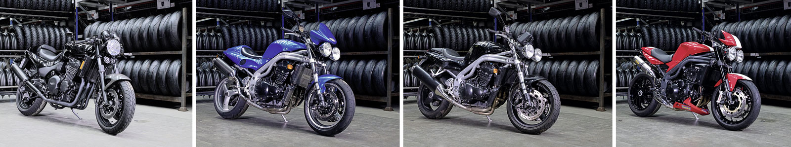 Ausschnitte aus der Speed Triple Ahnengalerie – Los ging es 1994 mit der T300B (links im Bild) Ausschnitte aus der Speed Triple Ahnengalerie – Los ging es 1994 mit der T300B (links im Bild)