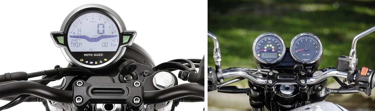 Links das Cockpit der V7 Stone, rechts die Classic Links das Cockpit der V7 Stone, rechts die Classic