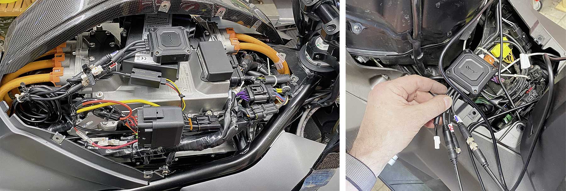 Einbau - sieht schlimmer aus als es ist: links Energica EsseEsse9+ RS, rechts Honda X-ADV 750