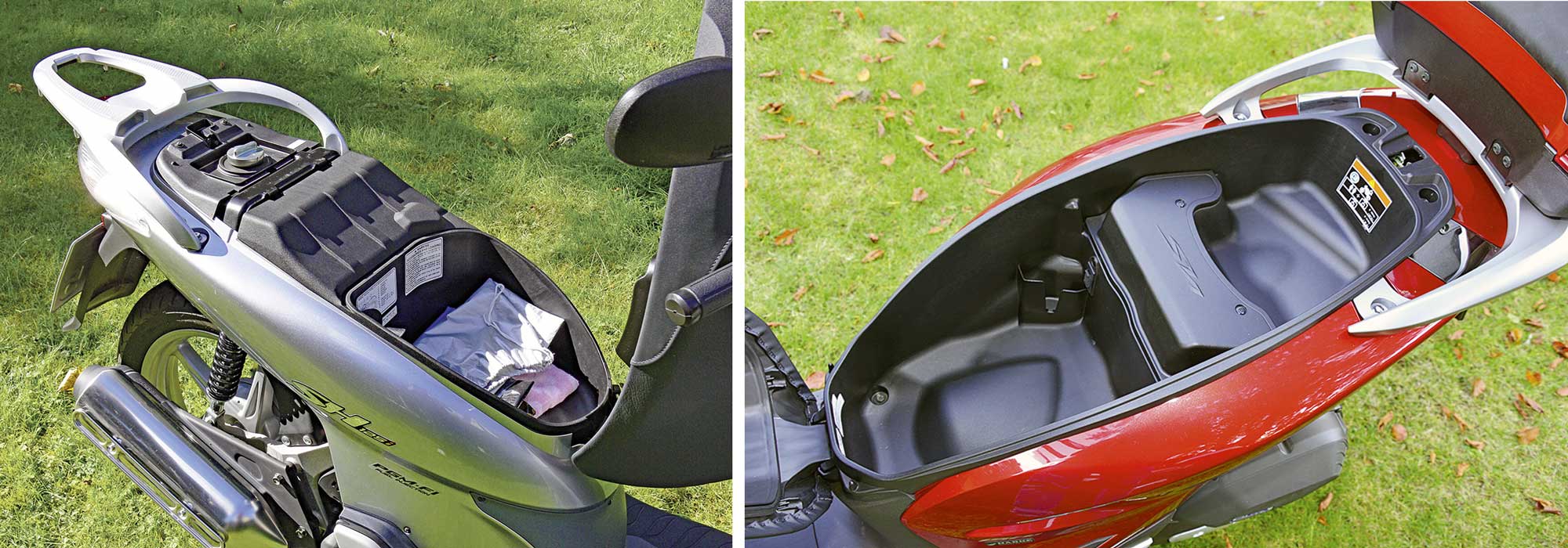 Mehr Stauraum dank verlegtem Tank beim SH150i (rechts)