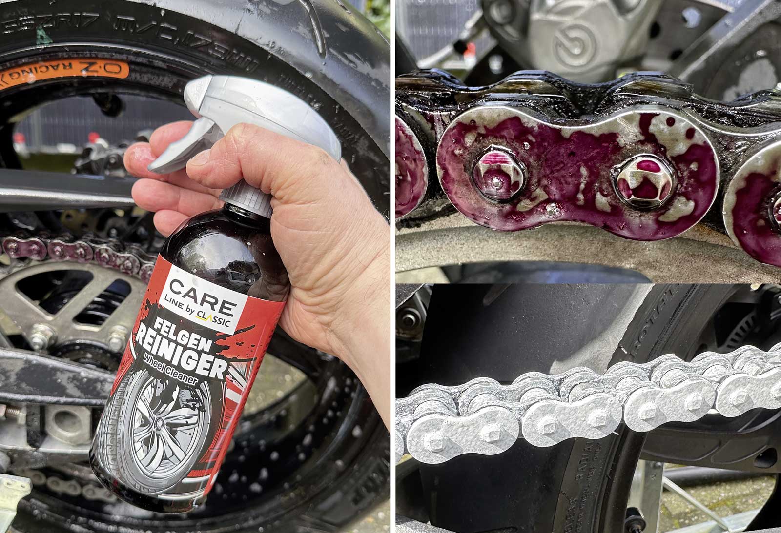 Der Felgenreiniger wirkt auch gegen Kettenschmodder