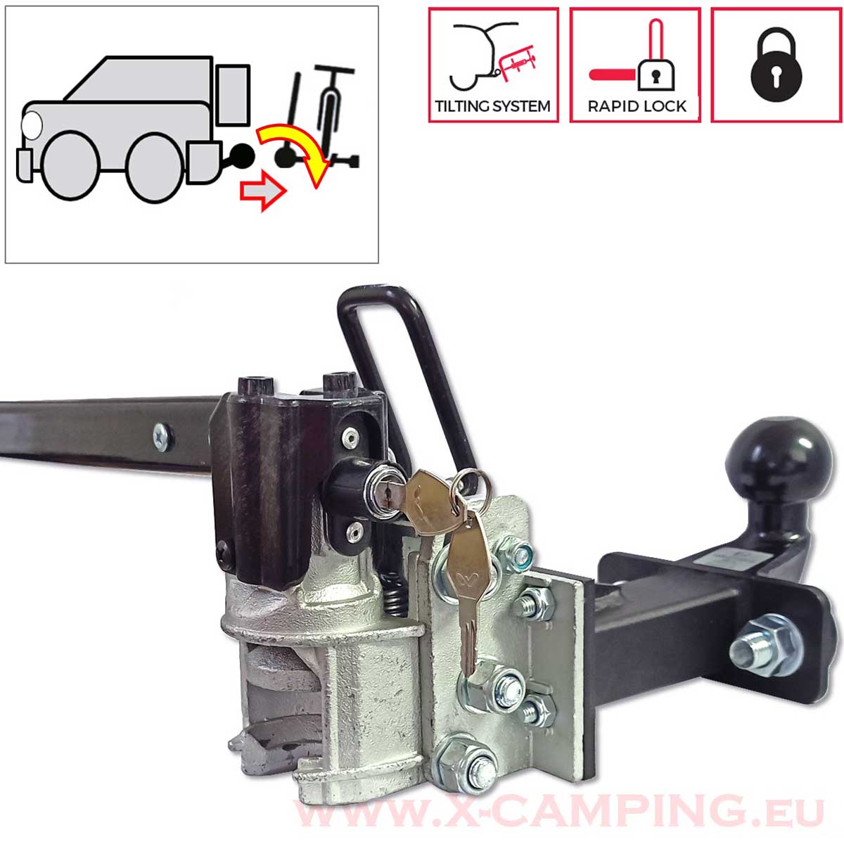 Abb. 4 Abklappbare Anhängerkupllungsverlängerung mit Abklappfunktion und Schnallespannvorrichtung