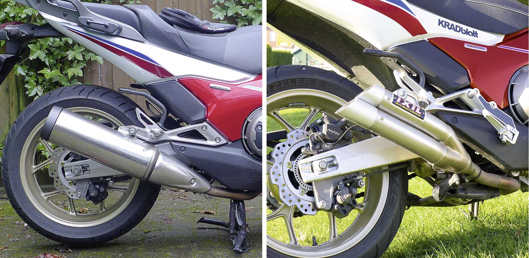 Links der Orignaldämpfer (Reflexion), rechts ein Zubehör-Absoptionsdämpfer an einer Honda NC 750 Integra