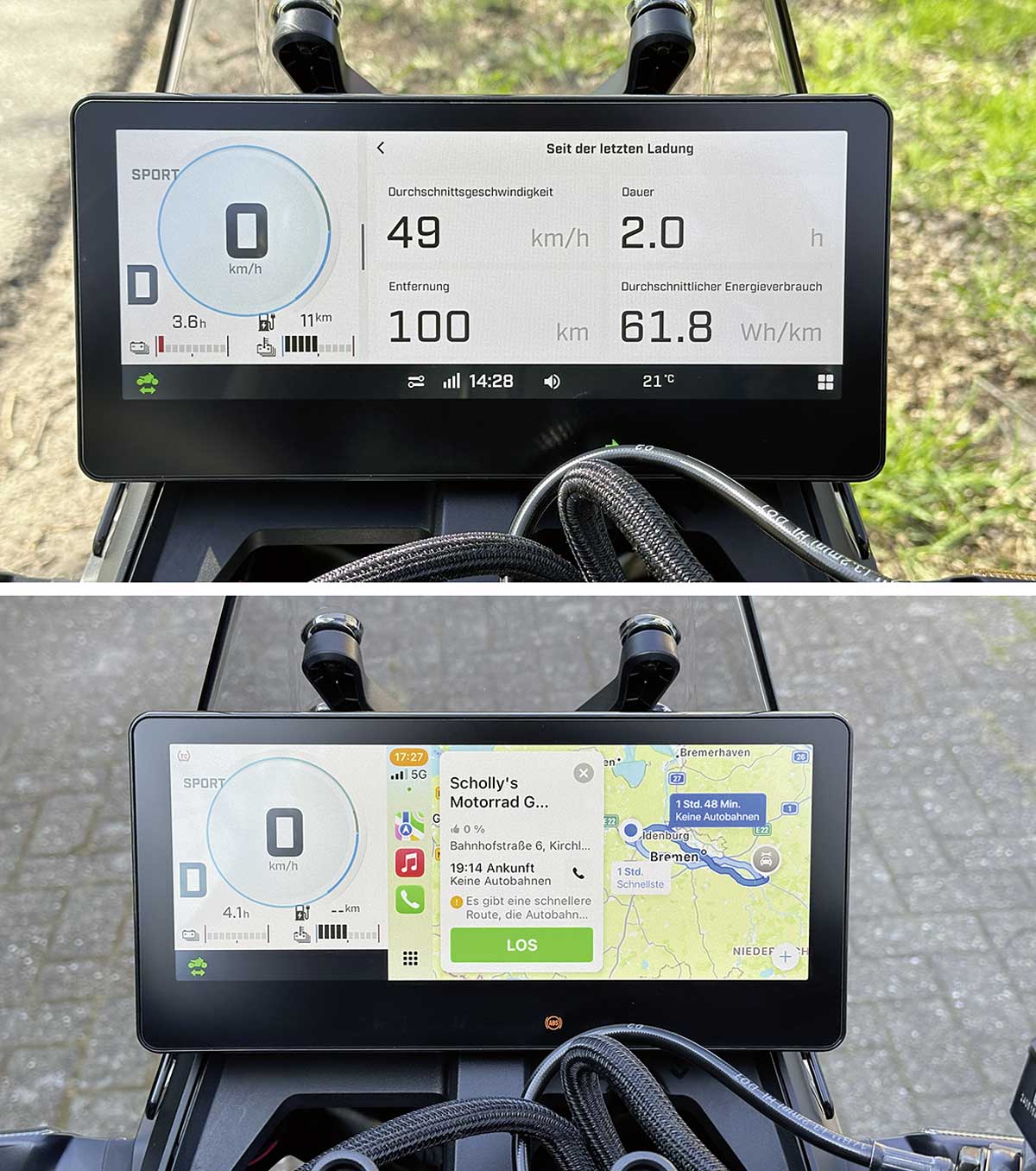 Perfekt ablesbares Display, verschiedene Darstellungen sind wählbar (hier Statistik (oben) und CarPlay (unten)