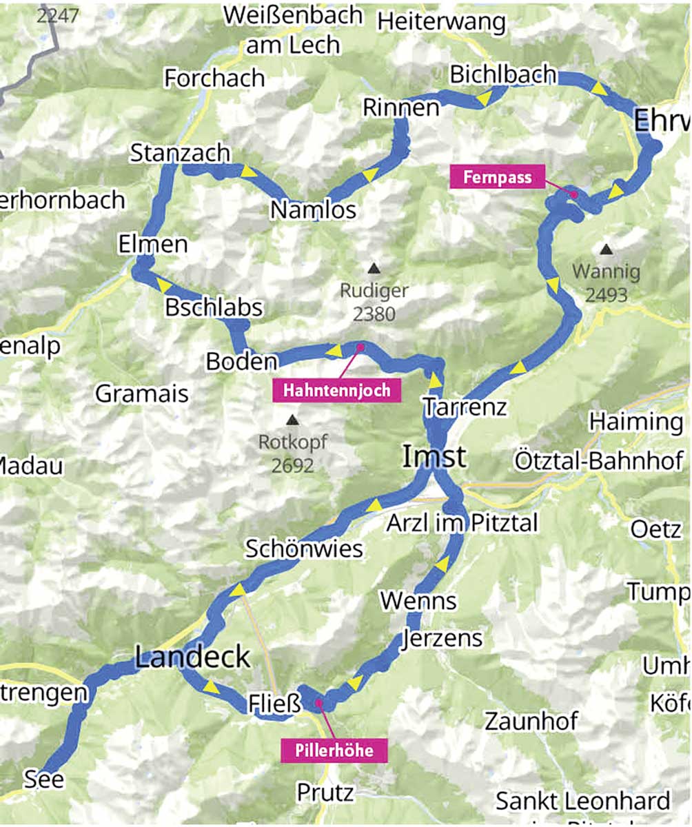 Die Route durchs Tiroler Oberland; Karte: printmaps.net